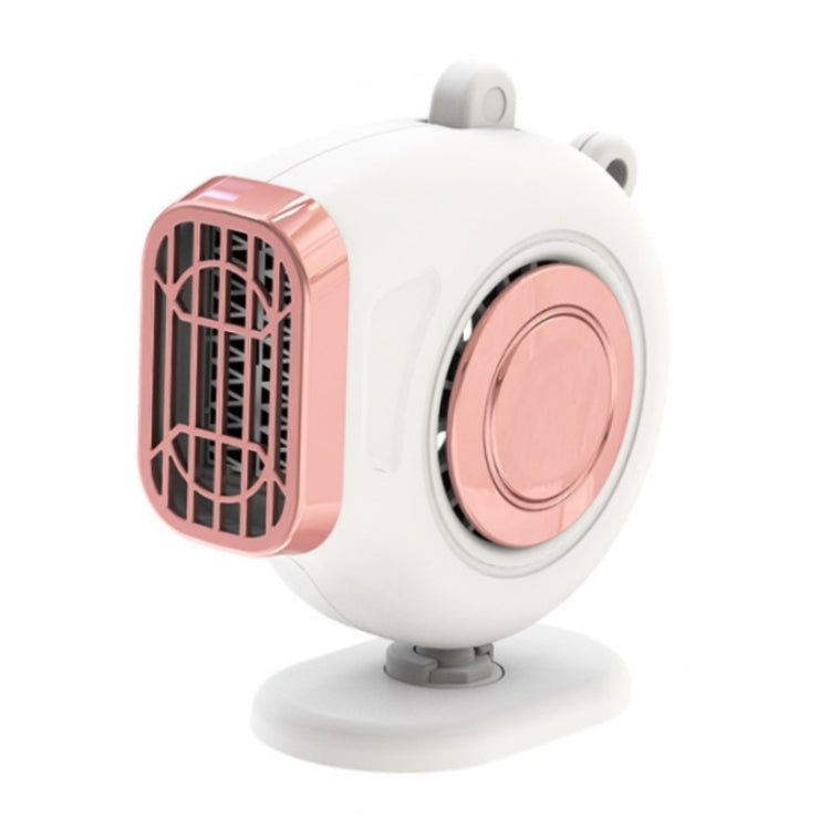 Portable car dashboard heater fan with white body, pink grille, round heat window, and stand