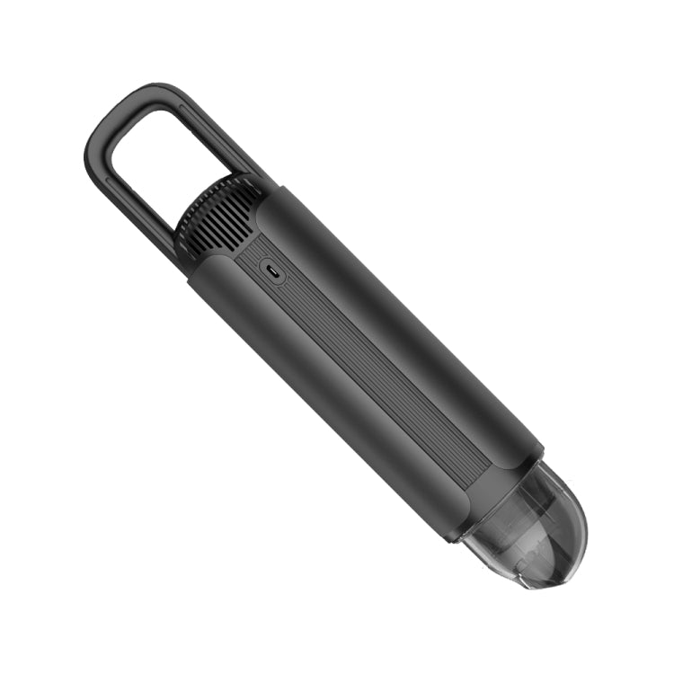 Handheld car vacuum cleaner with transparent dust bin and handle, dark gray body