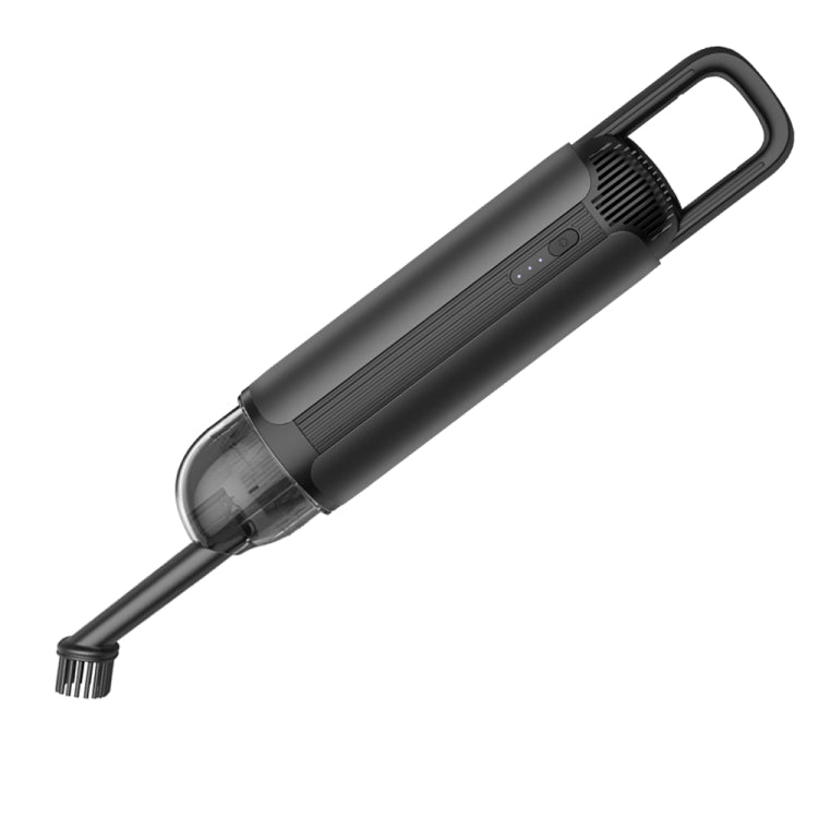 Handheld car vacuum with extended nozzle attachment and transparent dust chamber, dark gray
