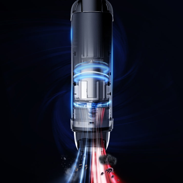 Handheld vacuum cleaner cutaway view showing internal airflow path, dark gray housing