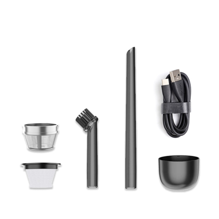 Car vacuum cleaner accessories set: crevice tool, hose, cup filter, and charging cable