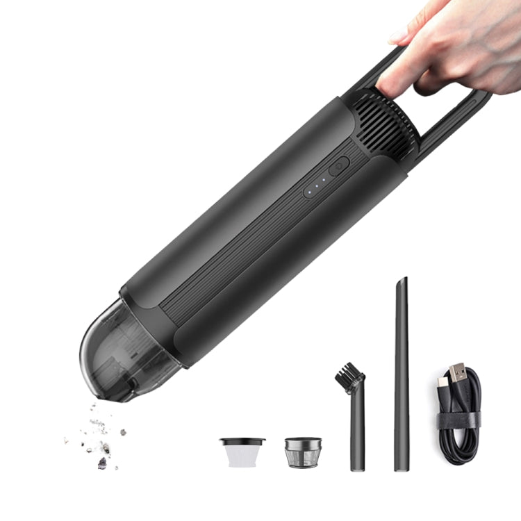 Handheld car vacuum cleaner with transparent dust bin and included attachments, dark gray