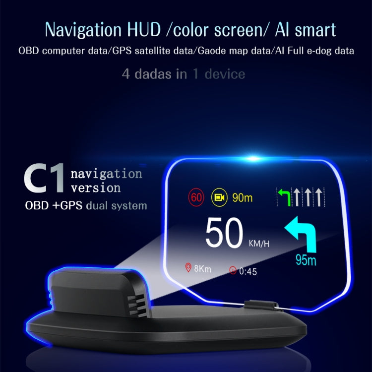 Car HUD showing navigation route, speed, and distance on a bright color screen