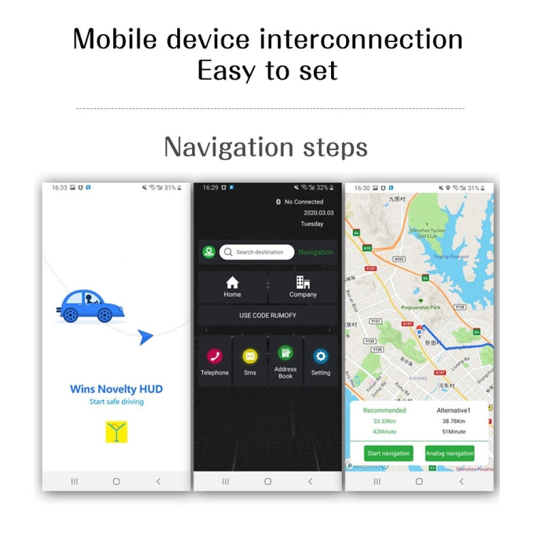 Car HUD head-up display navigation steps shown on connected smartphone screens