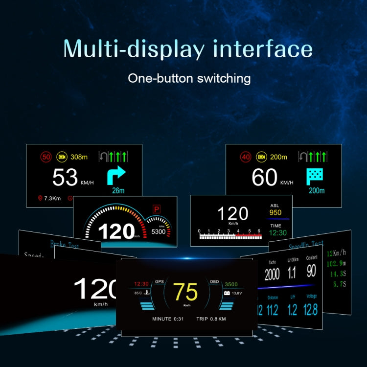Car head-up display with multiple metric screens for speed and travel info