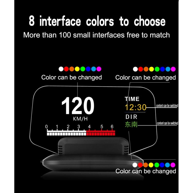 Car HUD head-up display with digital speed and time readouts on a tinted screen