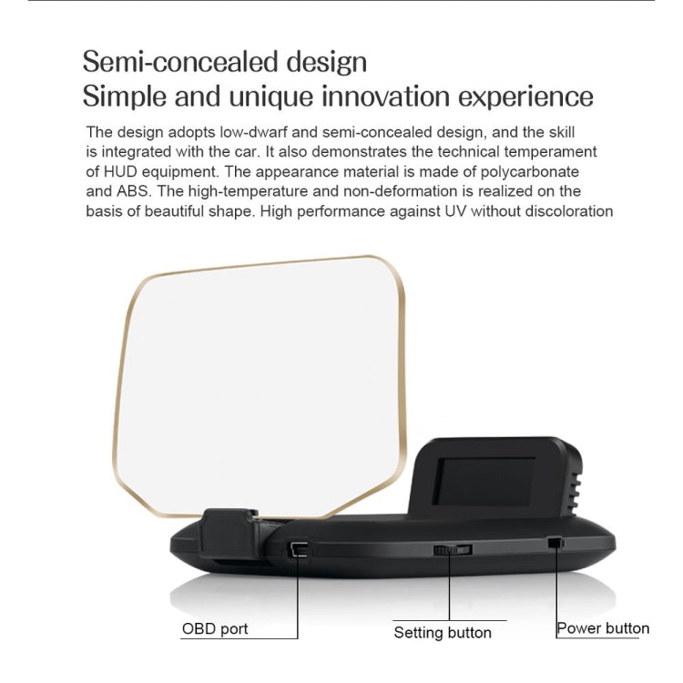 Car HUD head-up display unit with screen cover, OBD port, and power/setting buttons