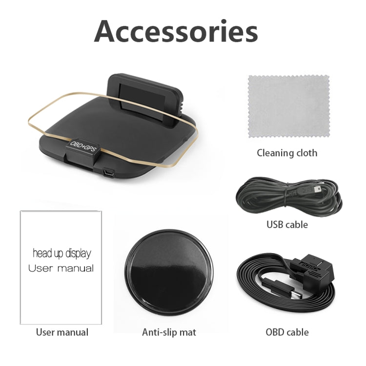 Car HUD display accessories set: anti-slip mat, cleaning cloth, USB and OBD cables, manual