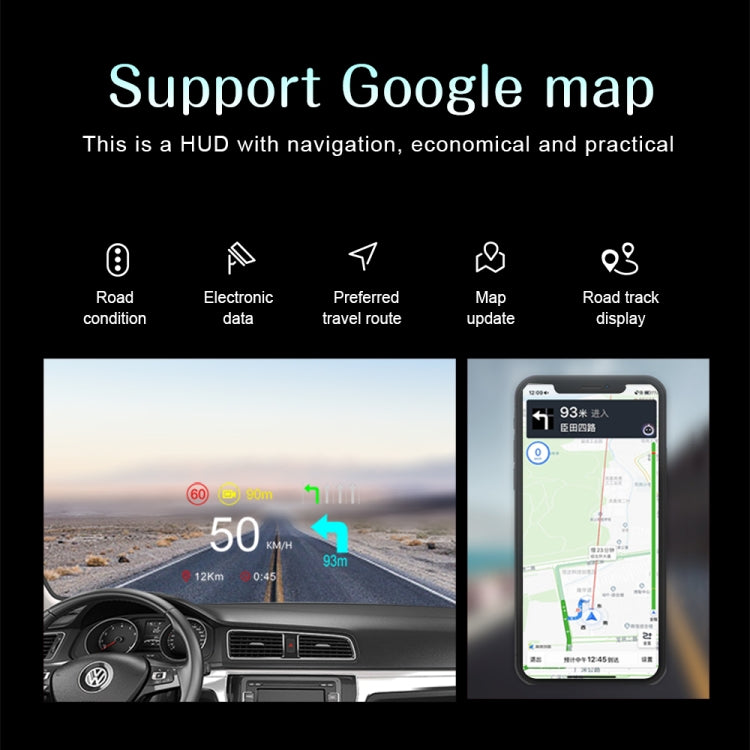 HUD navigation system projecting speed and route guidance with Google Maps support