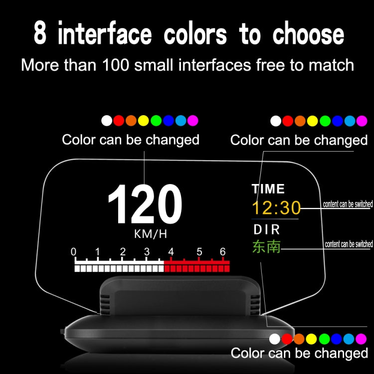 Car HUD with selectable interface colors showing speed and time on the screen