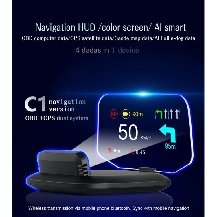 Car HUD navigation display with speed, arrows, and distance markers