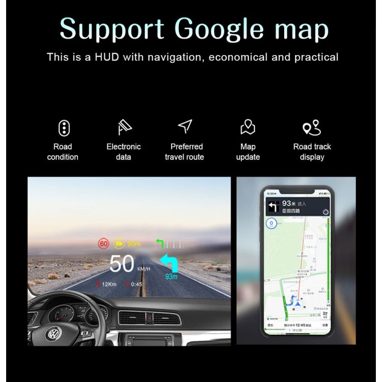 HUD navigation display with Google Maps map view and projected road guidance in car