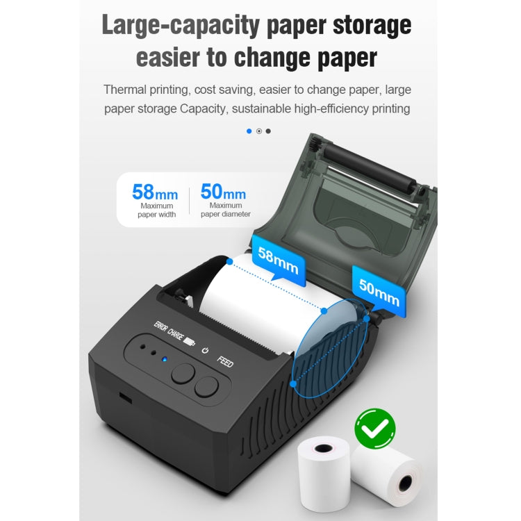 58mm thermal receipt printer with open paper compartment and paper rolls