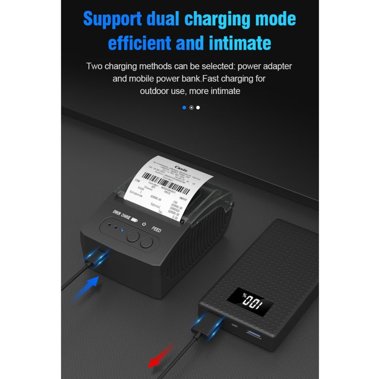 58mm Bluetooth thermal receipt printer with charging-ready ports and indicator screen