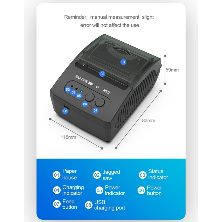58mm thermal receipt printer front panel with feed button and status indicator labels