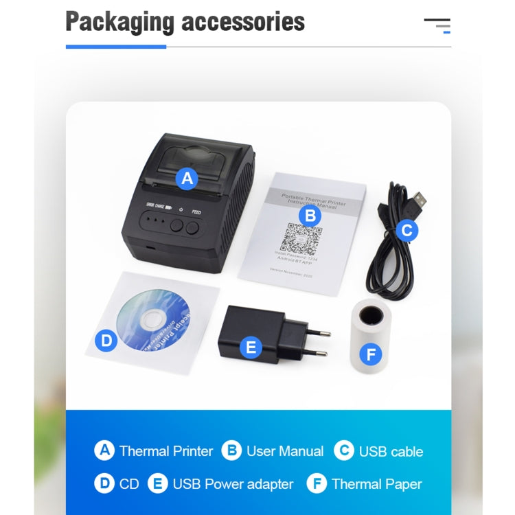 Thermal printer kit with printer, user manual, USB cable, power adapter, and paper