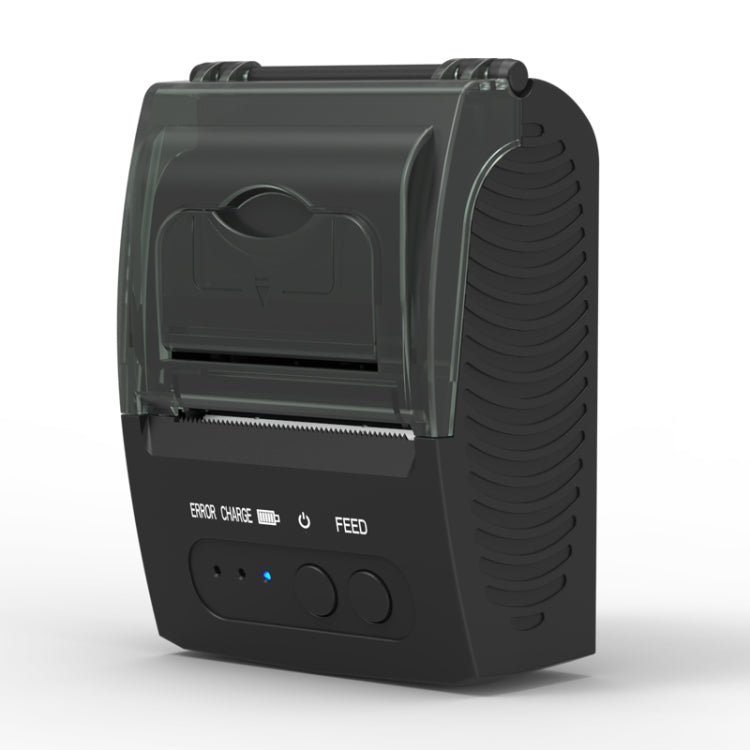 Black portable thermal receipt printer showing side venting and opened paper cover