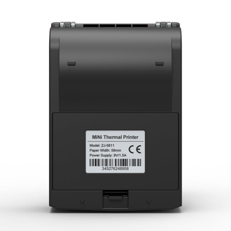 Back view of black mini thermal printer with label and power switch