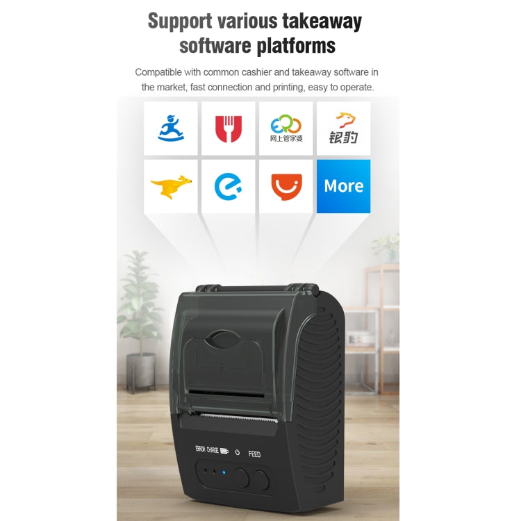 Black mini thermal Bluetooth printer standing front-facing with paper exit opening