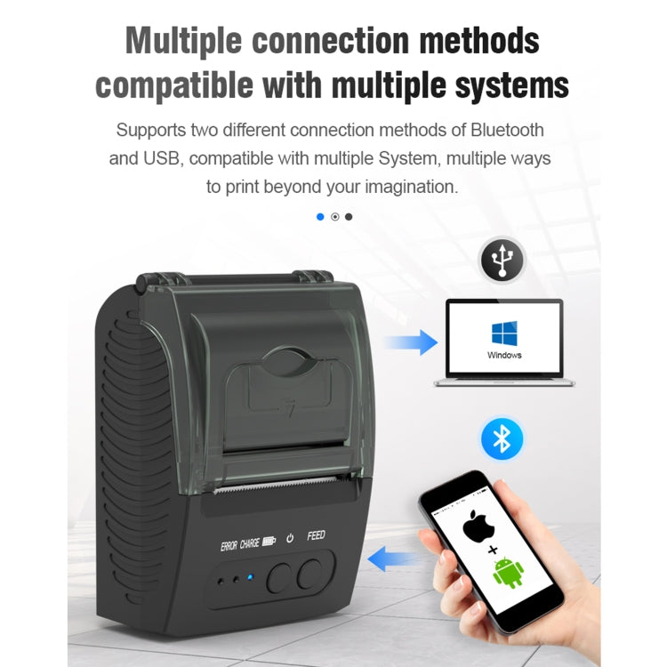 Portable thermal receipt printer with open lid, showing Bluetooth printing concept