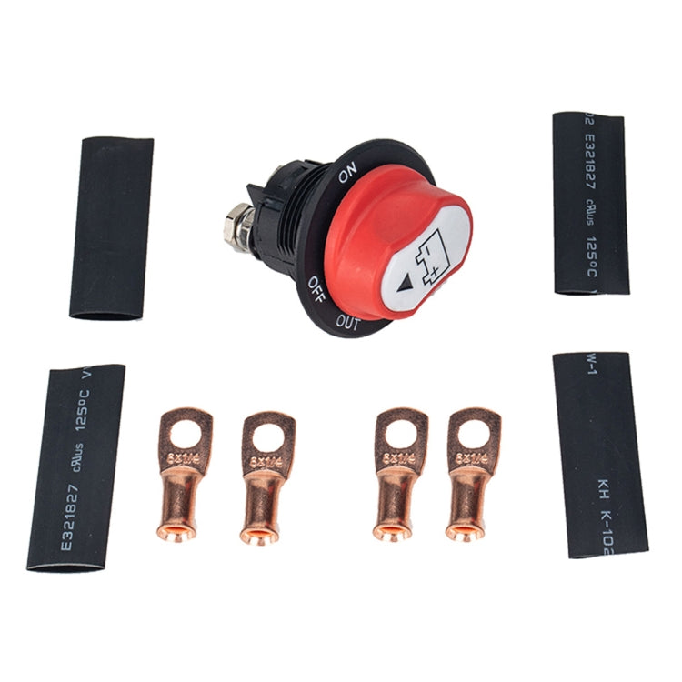 Car battery selector isolator rotary switch with red ON/OFF cap and terminal lugs
