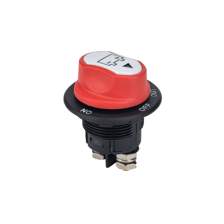 Car battery selector switch with red cap and black OFF/NO ring over mounting terminals