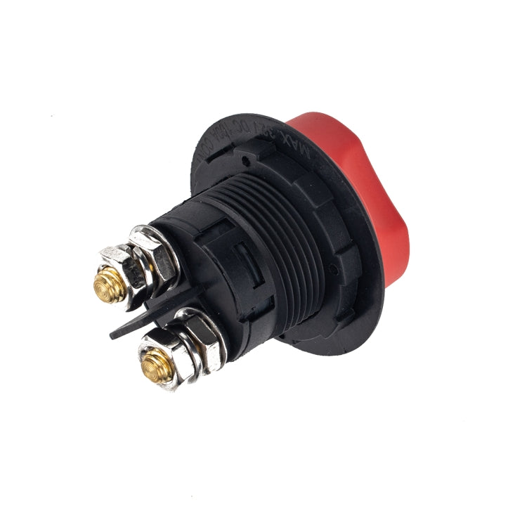 Car battery selector isolator switch with threaded studs on black base and red cap