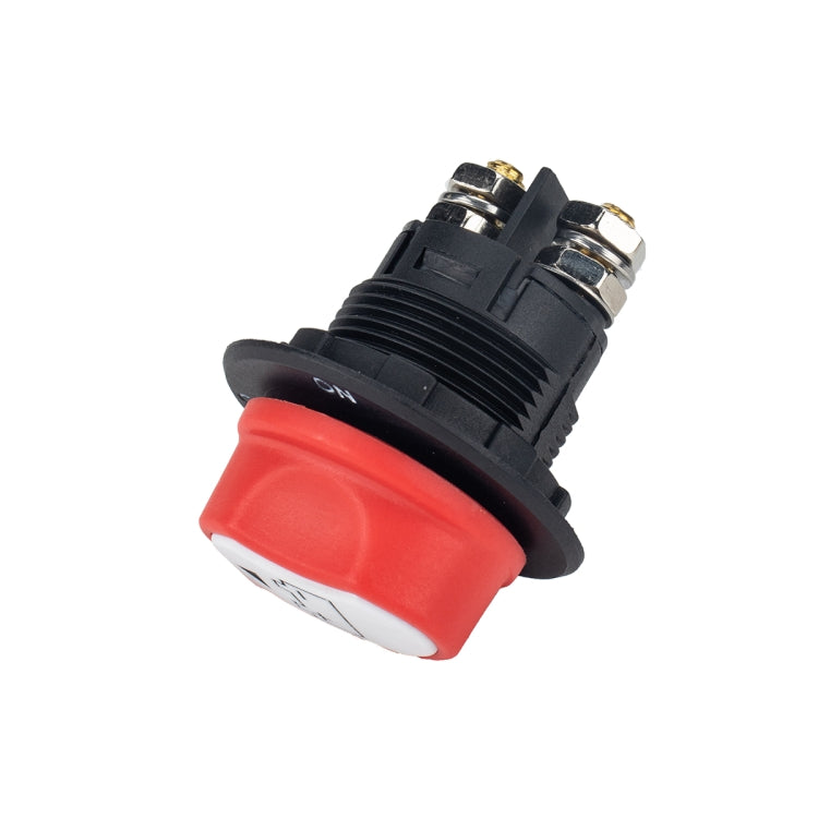 Car battery disconnect switch with red button, black housing, and dual metal terminals