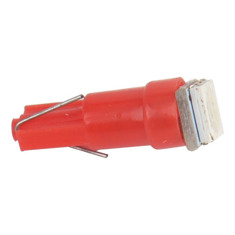 Red T5 LED indicator bulb angled view with metal prongs and clear base plate