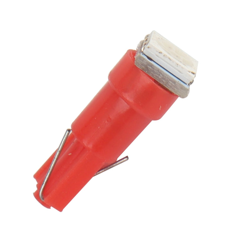 Red T5 LED indicator bulb close-up with clear LED window and spring pins