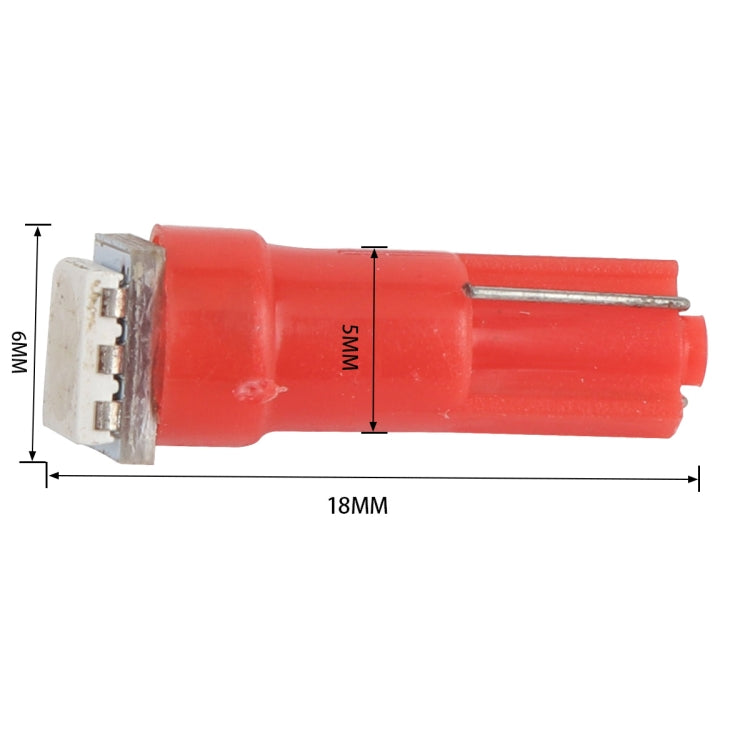 Red T5 LED indicator bulb with 18mm length and 6mm base, clear connector