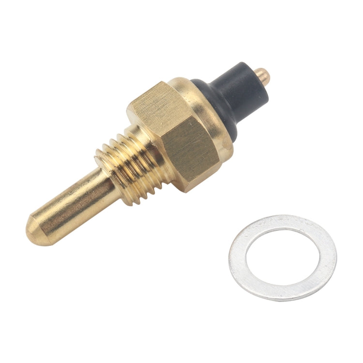 Oil temperature sensor with brass probe, black connector, and metal washer