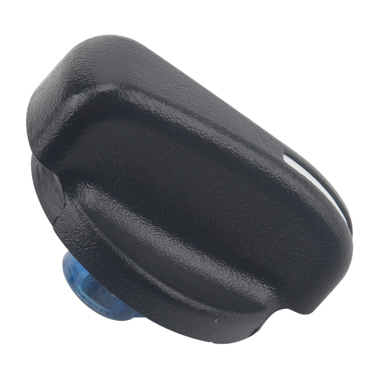 Black air conditioning control knob with textured grip and blue underside