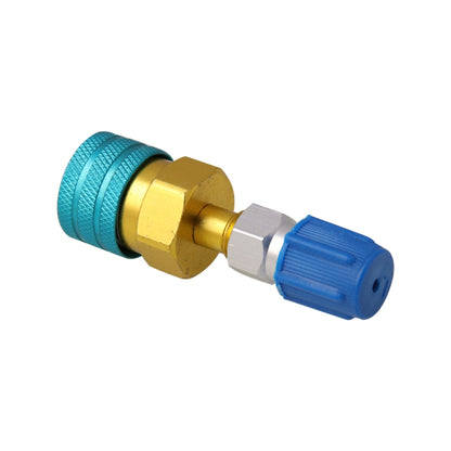 AC charging quick connector adapter with blue knurled grip, gold brass fitting, silver port