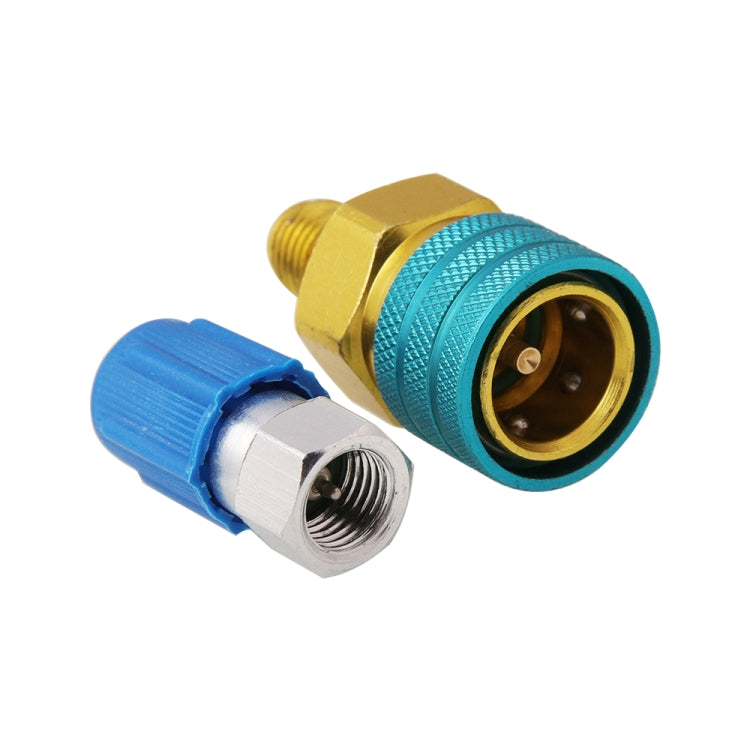 AC charging quick connector adapter set: blue-capped silver threaded plug and gold brass coupler