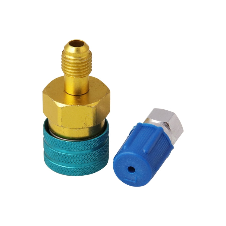AC charging quick connector adapter with gold hex fitting, blue knurled grip, silver outlet