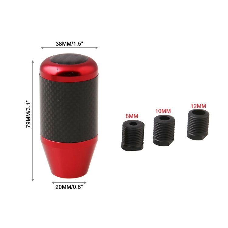 Red and black carbon fiber manual shift knob with mounting size markings