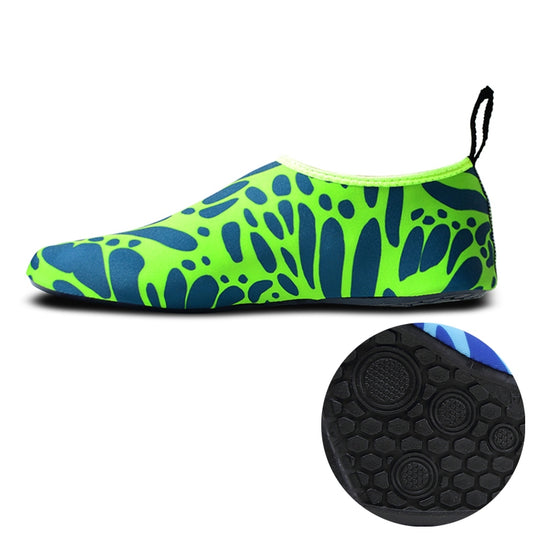 Green patterned diving water shoes with black rubber sole and slip-on sock style
