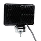 Backside of square LED work light with black heat sink, mounting plate and power wire