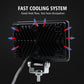 Back of square LED work light with black heat sink and mounted power wire