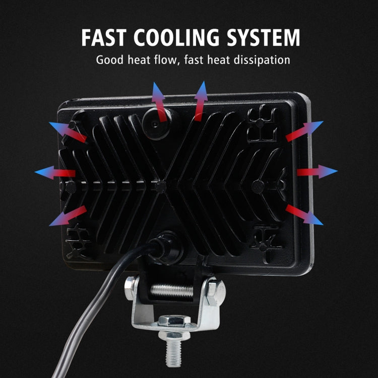 Back of square LED work light with black heat sink and mounted power wire