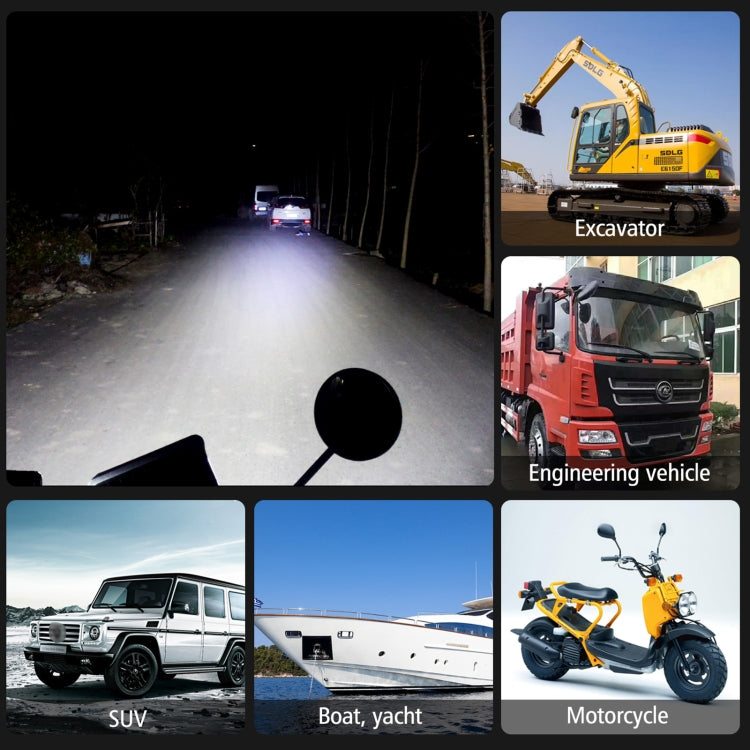Square LED work lights projecting a wide beam for off-road vehicles, nighttime scene
