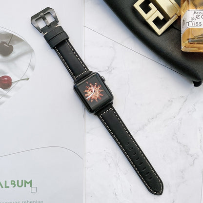Black leather buckle watch band for Apple Watch with perforated strap and square clasp