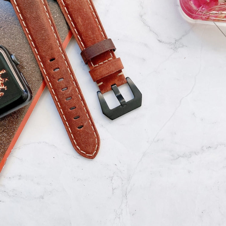 Brown leather buckle watch band with perforated strap and metal square clasp