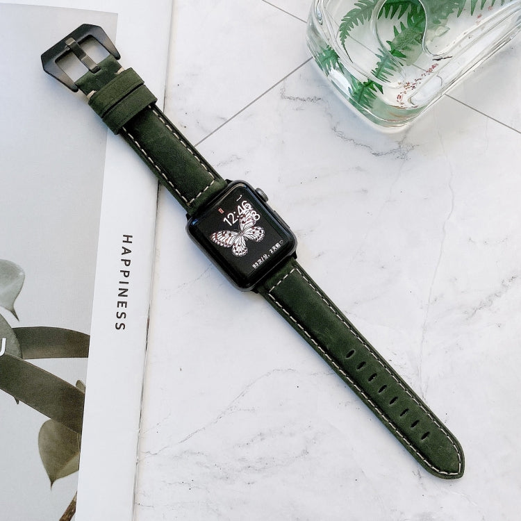 Green leather buckle replacement watch band with perforated strap and metal clasp