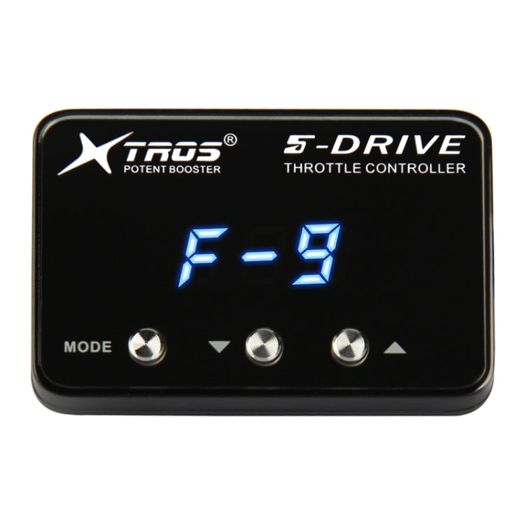 Black electronic throttle controller with blue F-9 display and three silver control knobs