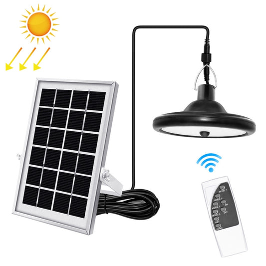 Solar induction LED solar light kit with black hanging lamp, white solar panel, and remote control