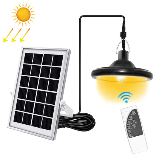 Solar induction LED solar light with black hanging lamp glowing warm, and white solar panel