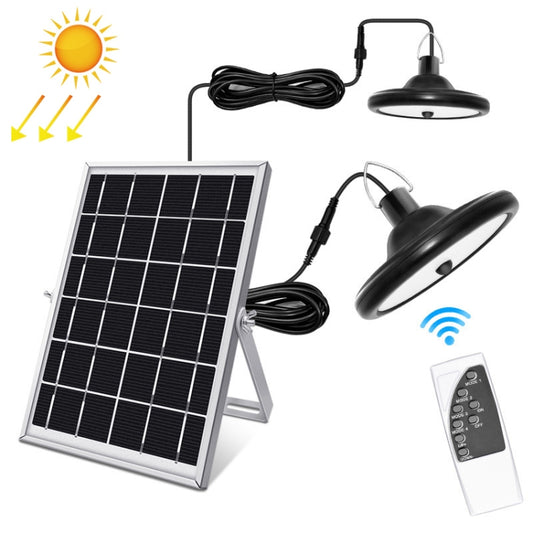 Solar LED induction light set with solar panel, two black lamp heads, and remote