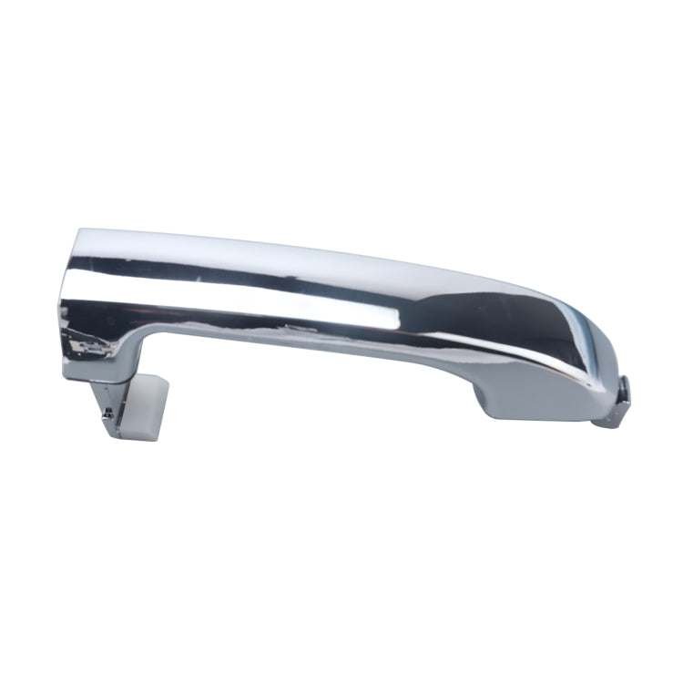 Exterior chrome door handle with curved lever shape and mounting attachment